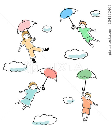 孩子們撐著雨傘飛過天空的線條畫插圖 104352465