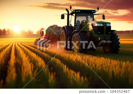 Sunset Harvest Modern Tractor and Agricultural Machinery Working in the Field. created with Generative AI Sunset Harvest Modern Tractor and Agricultural Machinery Working in the Field. created with Generative AI 104352467