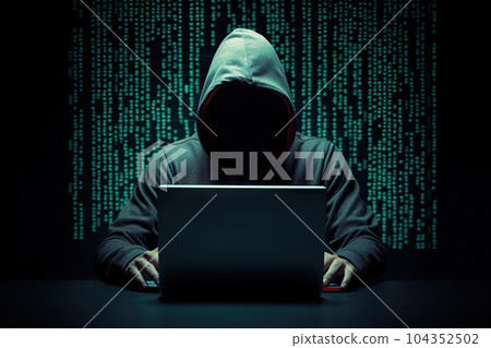 Unseen Hacker Cybersecurity and Cybercrime Concept with Anonymous Typing on Laptop. created with Generative AI 104352502