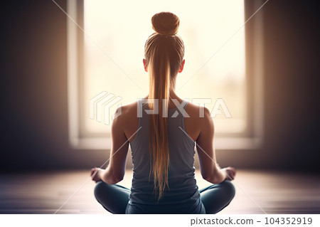 Young Woman Meditating in Lotus Pose for Meditation, Relaxation, and Active Lifestyle. created with Generative AI 104352919
