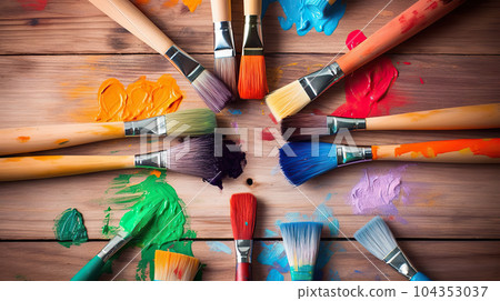 Artist Paint Brushes on the Wooden Background Stock Image - Image