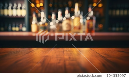 Blurred Bar Counter and Bottles Background on Empty Wooden Tabletop. created with Generative AI Blurred Bar Counter and Bottles Background on Empty Wooden Tabletop. created with Generative AI 104353097