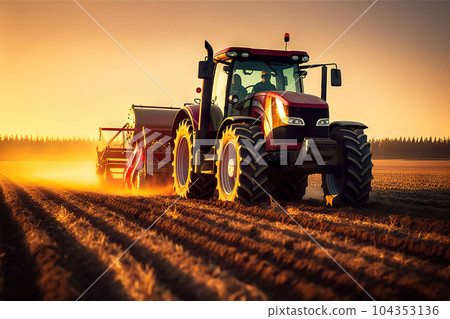 Sunset Harvest Modern Tractor and Agricultural Machinery Working in the Field. created with Generative AI 104353136