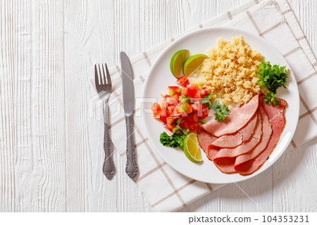 roast beef fillet with quinoa and tomato salsa roast beef fillet with quinoa and tomato salsa 104353231