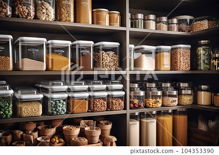 Efficient and Organized Home Pantry Well-Stocked Storage Solution for Modern Living. created with Generative AI 104353390