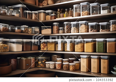 Efficient and Organized Home Pantry Well-Stocked Storage Solution for Modern Living. created with Generative AI 104353392