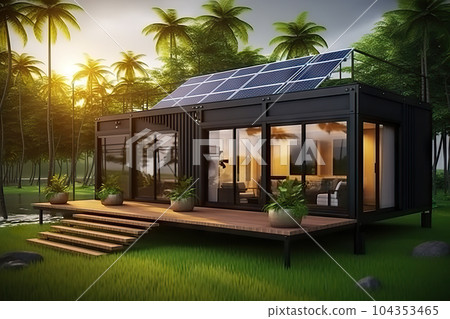 Eco-Friendly Modern Industrial House in Forest Converted Shipping Container with Solar Panels, Embracing Nature and Sustainability. created with Generative AI Eco-Friendly Modern Industrial House in Forest Converted Shipping Container with Solar Panels, Embracing Nature and Sustainability. created with Generative AI 104353465