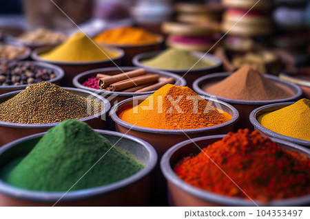 Aromatic Delights Exploring the Vibrant Colors and Flavors of Arabic Spices in an Arabian Souk. created with Generative AI 104353497