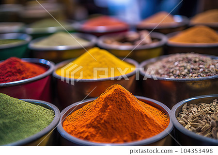 Aromatic Delights Exploring the Vibrant Colors and Flavors of Arabic Spices in an Arabian Souk. created with Generative AI 104353498