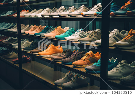 Stride in Style Diverse Collection of Men's Running Shoes Showcased in Shop Window, Perfect for Fitness Enthusiasts. created with Generative AI 104353510