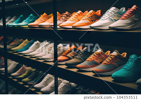 Stride in Style Diverse Collection of Men's Running Shoes Showcased in Shop Window, Perfect for Fitness Enthusiasts. created with Generative AI Stride in Style Diverse Collection of Men's Running Shoes Showcased in Shop Window, Perfect for Fitness Enthusiasts. created with Generative AI 104353511