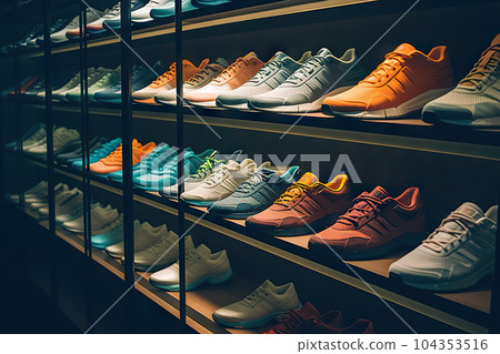 Stride in Style Diverse Collection of Men's Running Shoes Showcased in Shop Window, Perfect for Fitness Enthusiasts. created with Generative AI Stride in Style Diverse Collection of Men's Running Shoes Showcased in Shop Window, Perfect for Fitness Enthusiasts. created with Generative AI 104353516