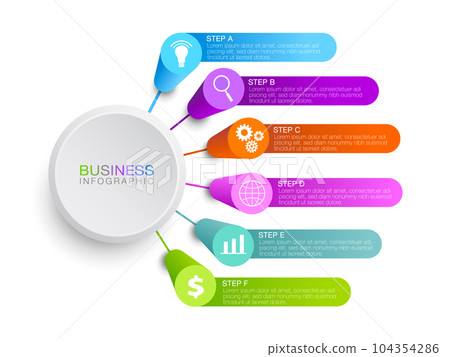 Infographic bar graph and label design with 6 steps icon. Graphic for business concept showing work production steps. workflow layout process diagrams flowcharts data graphs. 104354286