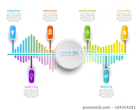 Business process infographic timeline in 6 steps. Concept for content, business, infographic, diagram, flowchart, timeline or production flow. 104354291