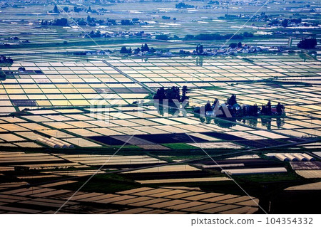 Aizu Basin countryside in early spring overlooking from Futanuma Forest Park (Aizumisato Town, Fukushima Prefecture, late May) 104354332