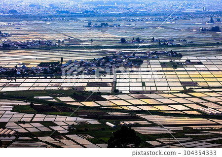 Aizu Basin countryside in early spring overlooking from Futanuma Forest Park (Aizumisato Town, Fukushima Prefecture, late May) 104354333
