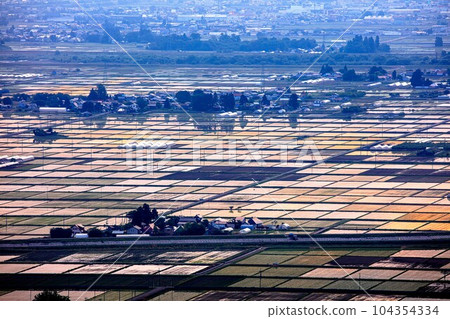 Aizu Basin countryside in early spring overlooking from Futanuma Forest Park (Aizumisato Town, Fukushima Prefecture, late May) 104354334