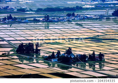 Aizu Basin countryside in early spring overlooking from Futanuma Forest Park (Aizumisato Town, Fukushima Prefecture, late May) 104354335