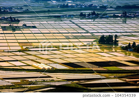 Aizu Basin countryside in early spring overlooking from Futanuma Forest Park (Aizumisato Town, Fukushima Prefecture, late May) 104354339