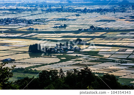 Aizu Basin countryside in early spring overlooking from Futanuma Forest Park (Aizumisato Town, Fukushima Prefecture, late May) 104354343