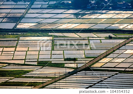 Aizu Basin countryside in early spring overlooking from Futanuma Forest Park (Aizumisato Town, Fukushima Prefecture, late May) 104354352