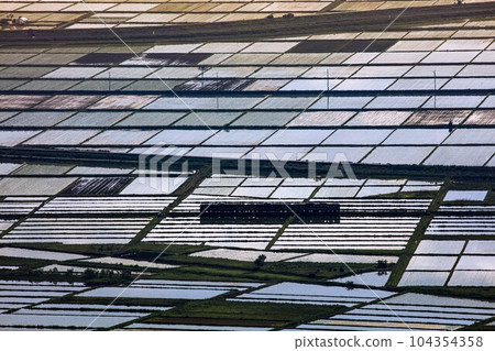 Tadami Line Train running through the Aizu Basin seen from Futanuma Forest Park (Aizumisato Town, Fukushima Prefecture, early morning in late May) 104354358