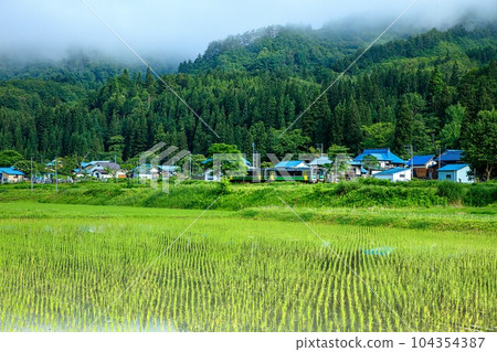 Kiha E120 train on the Tadami Line running through the countryside of Oku-Aizu (Kanayama Town, Fukushima Prefecture, mid-June morning) 104354387