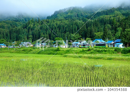 Kiha E120 train on the Tadami Line running through the countryside of Oku-Aizu (Kanayama Town, Fukushima Prefecture, mid-June morning) 104354388
