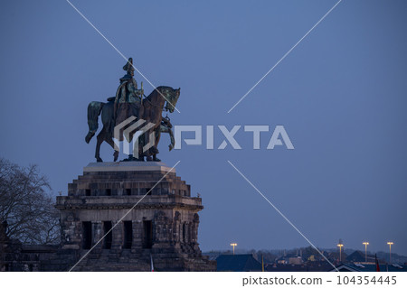 Night shot morning mist Koblenz City Germany historic monument German Corner where rivers rhine and mosele flow together 104354445