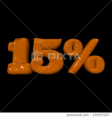 Inflated plastic square illustration of volumetric glossy deformed 3D render of orange number 15 percent on black background. Balloon metallic number. Beautiful volumetric number for advertising 104355107