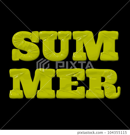 Inflated plastic square illustration of volumetric glossy deformed 3D render of green lettering summer on black gradient background 104355115