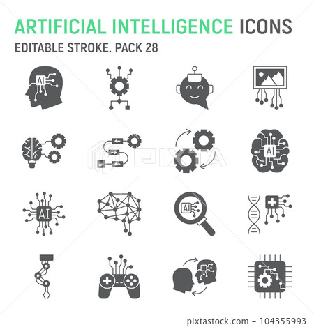 Artificial intelligence glyph icon set, technology collection, AI vector graphics, logo illustrations, solving vector icons, artificial intelligence concept signs, solid pictograms, editable stroke 104355993