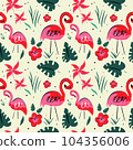 Illustration seamless pattern Flamingo with red flowers, hand drawing, wallpaper, pattern , 104356006