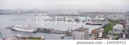 Panoramic view of Yokohama port. Bridge and luxury liner. Panoramic view of Yokohama port. Bridge and luxury liner. 104356412