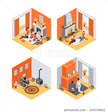 Isometric Fireplaces Compositions Set 104356662