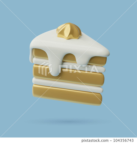 3d piece of birthday cake glossy plastic icon white and gold three dimensional vector illustration 104356743