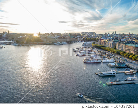 Sweden Stockholm Aerial view of Strandvagen boulevard and Ostermalm district on a sunny day sunset 104357201