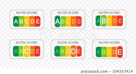 Collection of Nutri Score labels with gradation letters on transparent background. Nutritional quality of foods stickers used in Europe products rating system Collection of Nutri Score labels with gradation letters on transparent background. Nutritional quality of foods stickers used in Europe products rating system 104357414