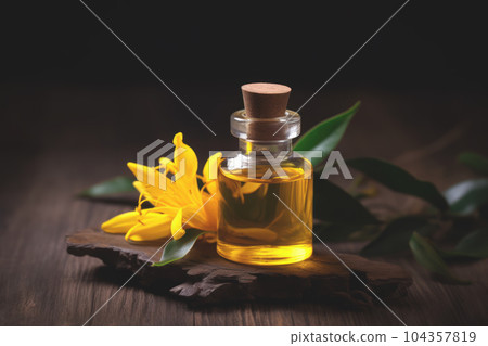 Fragrant Ylang Ylang essential oil in a small glass bottle next to yellow fresh Ylang Ylang flowers also known as Cananga odorata in full bloom, dark rustic wood background. Generative AI. Fragrant Ylang Ylang essential oil in a small glass bottle next to yellow fresh Ylang Ylang flowers also known as Cananga odorata in full bloom, dark rustic wood background. Generative AI. 104357819