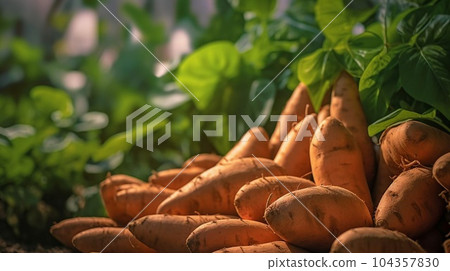 A close up of sweet potato plant in plantation A close up of sweet potato plant in plantation 104357830
