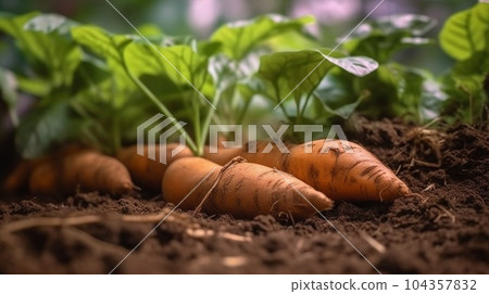 A close up of sweet potato plant in plantation 104357832
