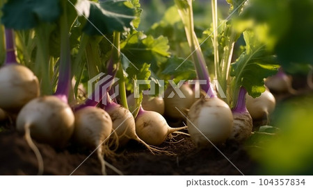 Close up of turnip vegetables plant in plantation Close up of turnip vegetables plant in plantation 104357834
