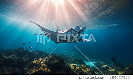 Manta ray reef fish in blue ocean Manta ray reef fish in blue ocean 104357953