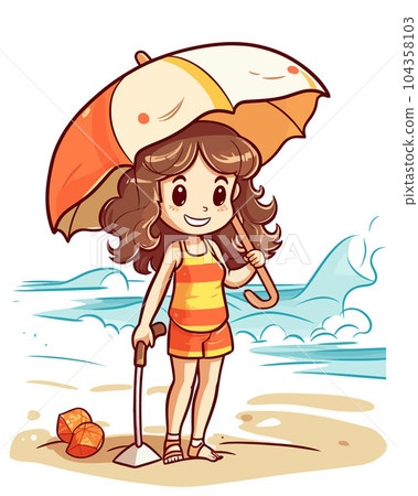 Vector Illustration, Girl cartoon character playing on the beach with Umbrella Vector Illustration, Girl cartoon character playing on the beach with Umbrella 104358103