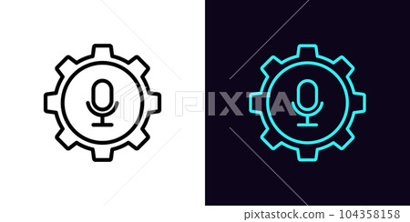 Outline mic settings icon, with editable stroke. Gear wheel with microphone sign, podcast control. Mic adjustment tool, microphone audio setting, mic voice configuration, sound fix Outline mic settings icon, with editable stroke. Gear wheel with microphone sign, podcast control. Mic adjustment tool, microphone audio setting, mic voice configuration, sound fix 104358158