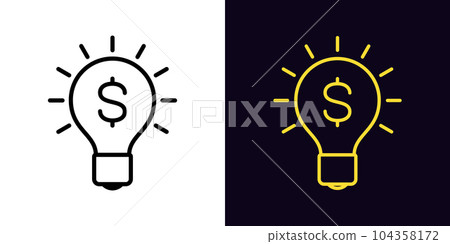 Outline money lamp icon, with editable stroke. Lamp with dollar sign, invest money idea. Creative idea for profit startup and money earn, business innovation and investment solution Outline money lamp icon, with editable stroke. Lamp with dollar sign, invest money idea. Creative idea for profit startup and money earn, business innovation and investment solution 104358172