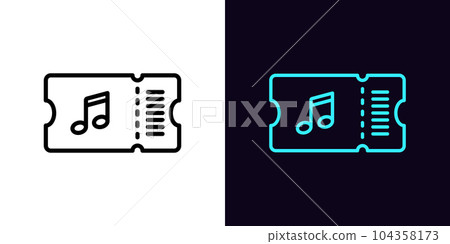 Outline musical ticket icon, with editable stroke. Ticket with music note sign, gift coupon for sound show. Pass card for dance festival and disco party, musical concert and performance Outline musical ticket icon, with editable stroke. Ticket with music note sign, gift coupon for sound show. Pass card for dance festival and disco party, musical concert and performance 104358173