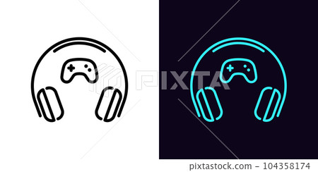 Outline gaming headphones icon, with editable stroke. Wifi headset with gamepad sign, wireless headphones for play games. Portable wifi earphones for esport gamers and game station Outline gaming headphones icon, with editable stroke. Wifi headset with gamepad sign, wireless headphones for play games. Portable wifi earphones for esport gamers and game station 104358174