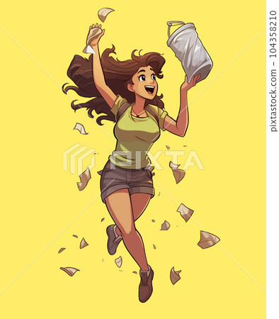 Vector Illustration, Cartoon Girl Eating Pizza, Isolated 104358210