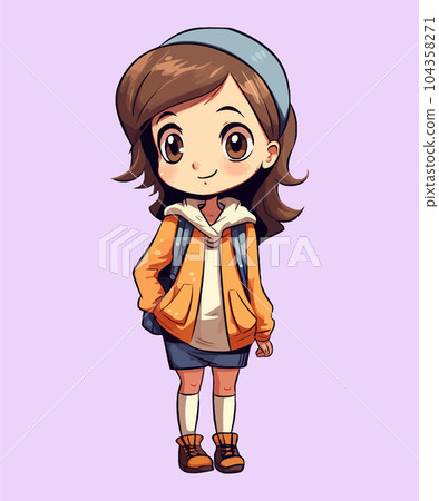 Vector Illustration, Cartoon Girl with Casual Dress and backpack, Isolated 104358271